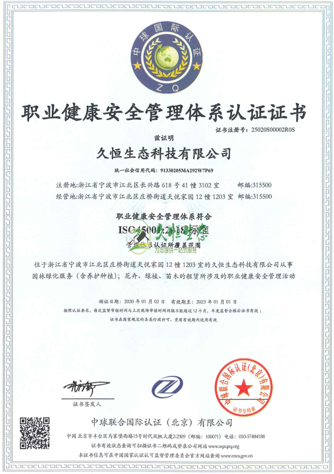 南京溧水职业健康安全管理体系ISO45001证书